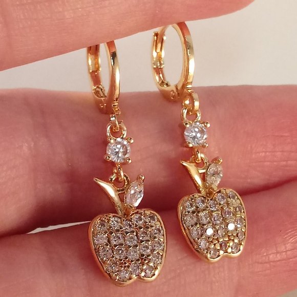 18K Yellow Gold Filled Apple Shape Leaf White Diamond Zircon Dangle Earrings - Picture 3 of 4